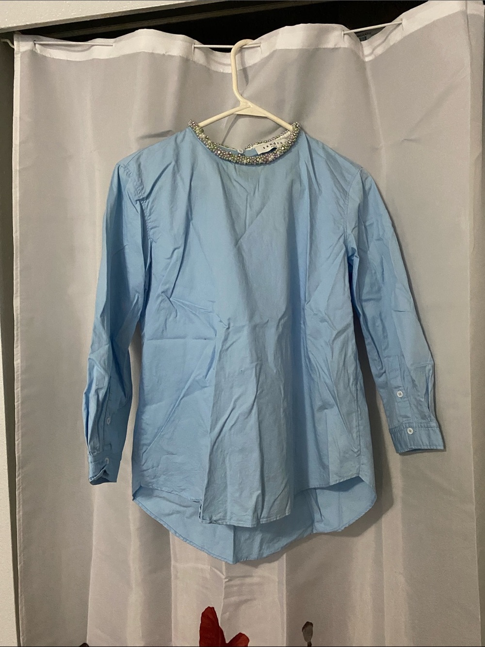 Sandro Paris Pale Blue Long-Sleeve Dress Shirt with Beaded Collar